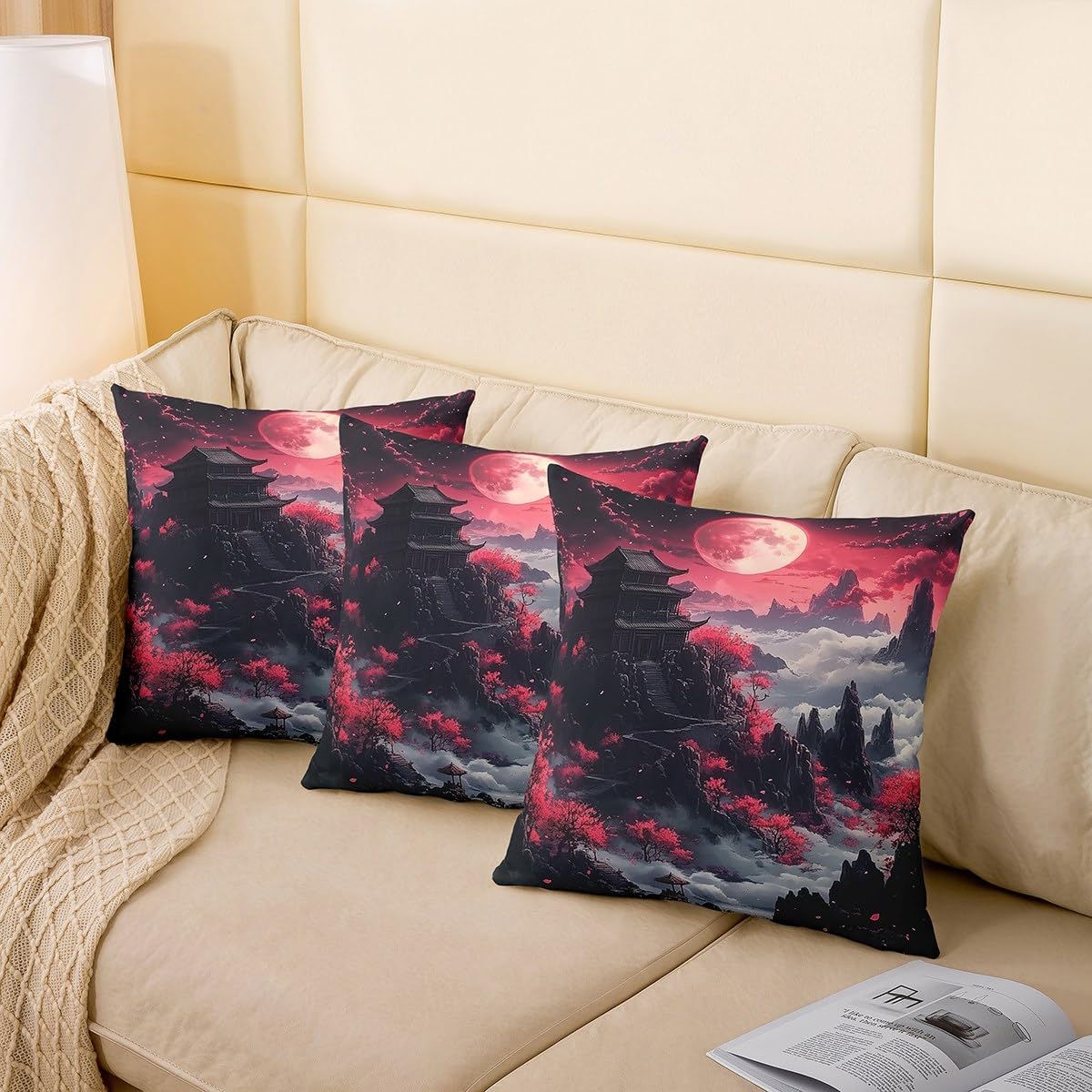jejeloiu Red Black Japanese Throw Pillow Covers 24 x 24-Inch Kid Red Cherry Blossoms Square Cushion Covers Set of 2 Boys Girls Moon Mount Fuji Pillow Cases Retro Tower Throw Pillowcases for Sofa Couch