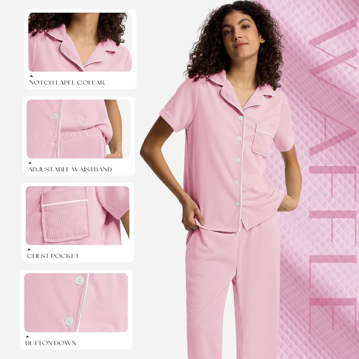 SIORO Capri Pajamas Set for Women, Button Down Sleepwear Short Sleeve Loungewear, Waffle Knit Top with Capri Pants Pjs - Image 4