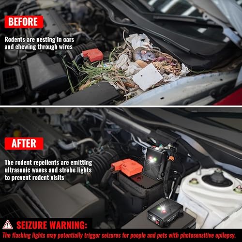 Miniatura 5 de Repelente de roedores para debajo del capó, funciona con pilas, ultrasónico y luz estroboscópica, disuasorio de ratones y ratas para motores de