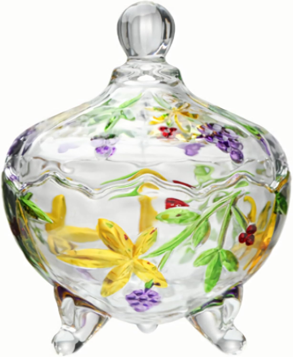 Glass Hand-Painted Bowl Candy Jar with Lid, 20oz Colorful Embossed Storage Candy Jewelry Cookie Buffet jar Food Container for Wedding Home Office Desk Decorative