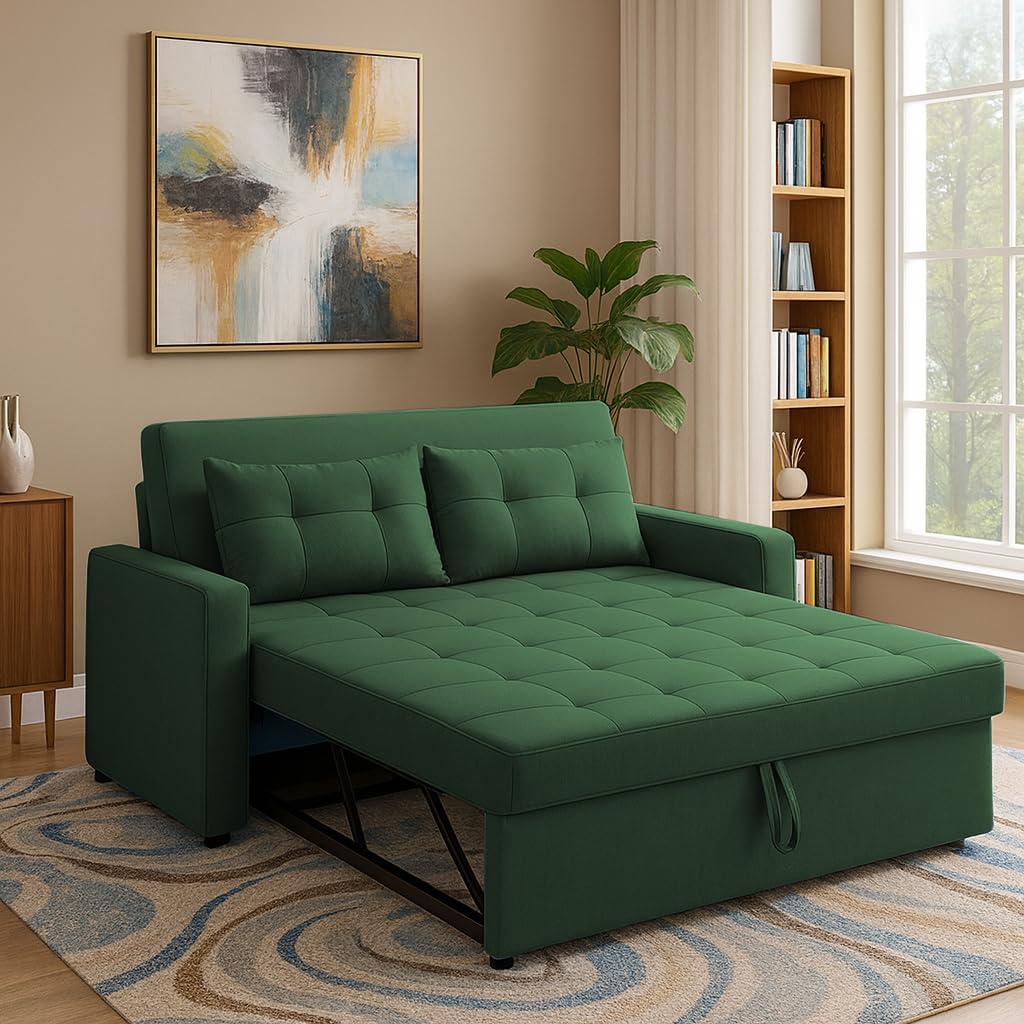 Casaliving Treshta 2 Seater Pull-Out Premium Fabric Sofa Cum Bed Sofa Set for Living Room (Green Fabric Color) Premium Fabric Sofa Set for Living Room