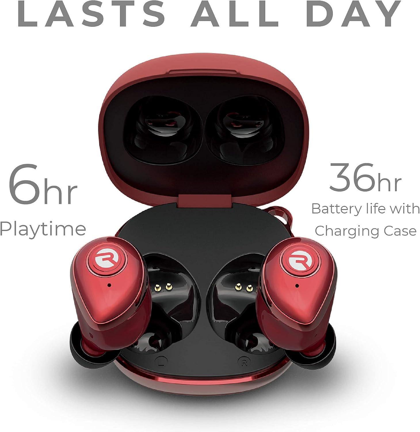 The Performer Raycon Bluetooth Wireless Earbuds with Microphone - E55 True Wireless Bluetooth Earbuds - Bluetooth 5.0 Deep Bass in-Ear Headphones with Wireless Charging - Red (Renewed)