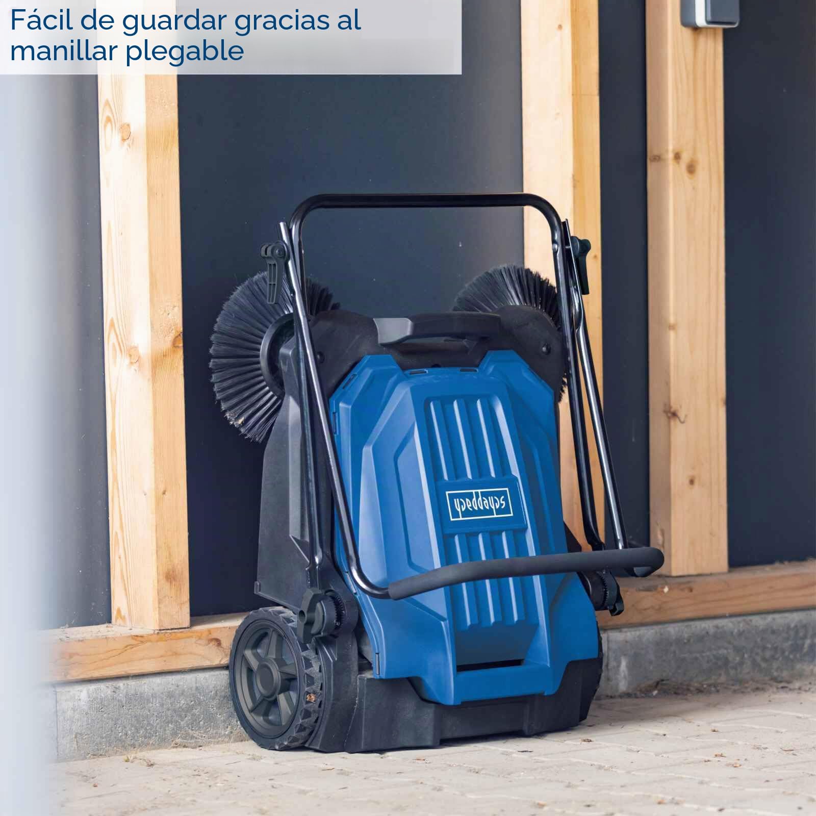 Scheppach Barredora S800 barredora de mano | 650 mm de ancho | 2600 m²/h de superficie | cesta de 20 L | eficaz sistema de barrido de 3 cepillos | adecuado para hojas, arena, grava y césped