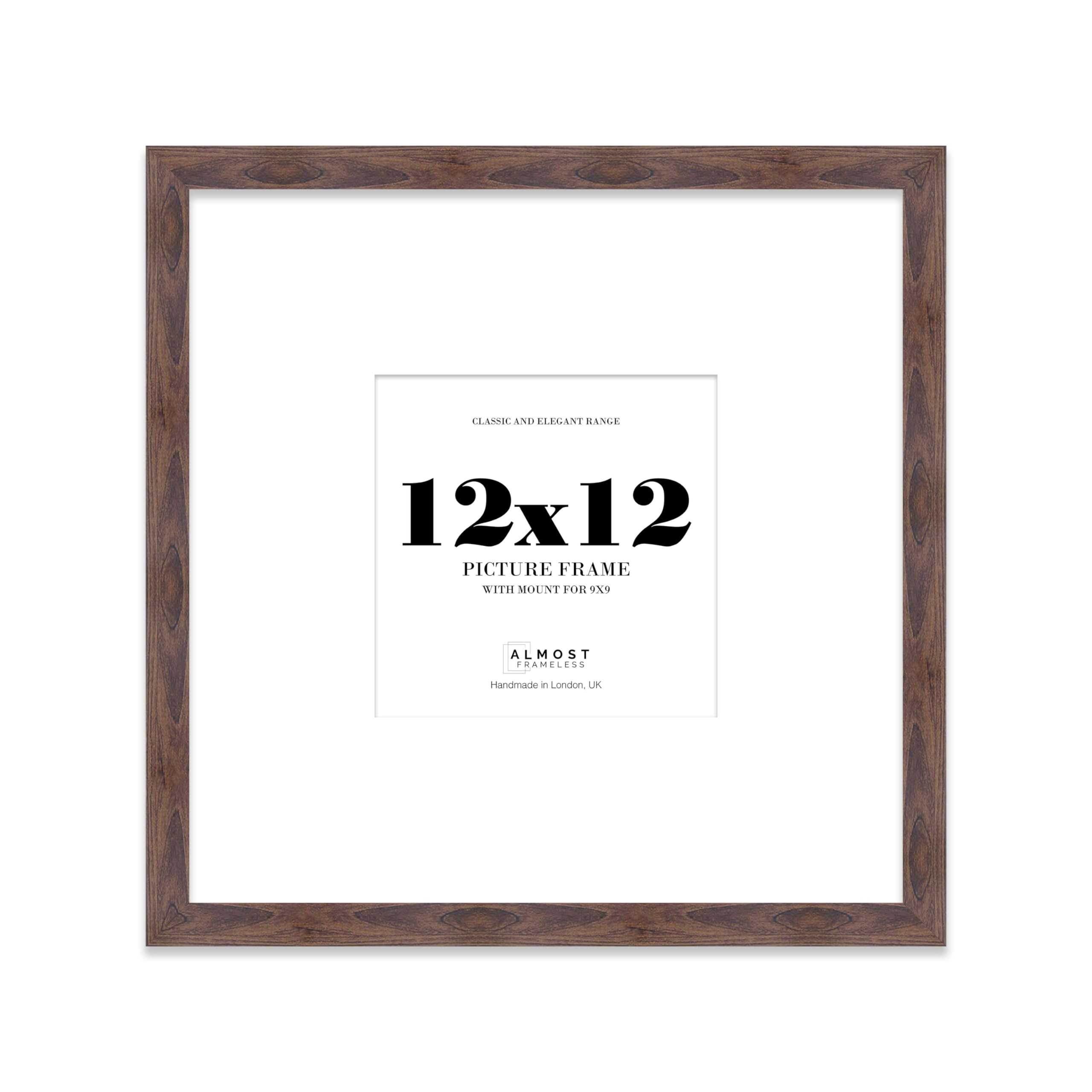 Almost Frameless 12x12 Square Picture Frame, Display Pictures 9x9 With Mat or 12x12 Without Mat, Wall Hanging & Free Standing Photo Frame, Walnut, 1 Pack