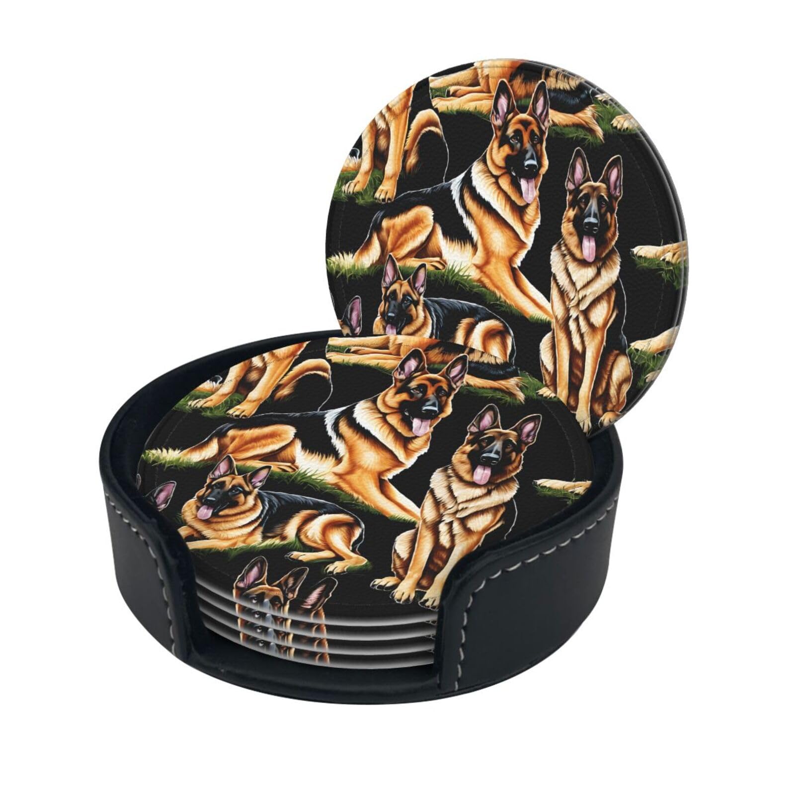 German Shepherd Print Coaster,Round Leather Coasters with Storage Box for Wine Mugs,Cold Drinks and Cups Tabletop Protection (6 Piece)
