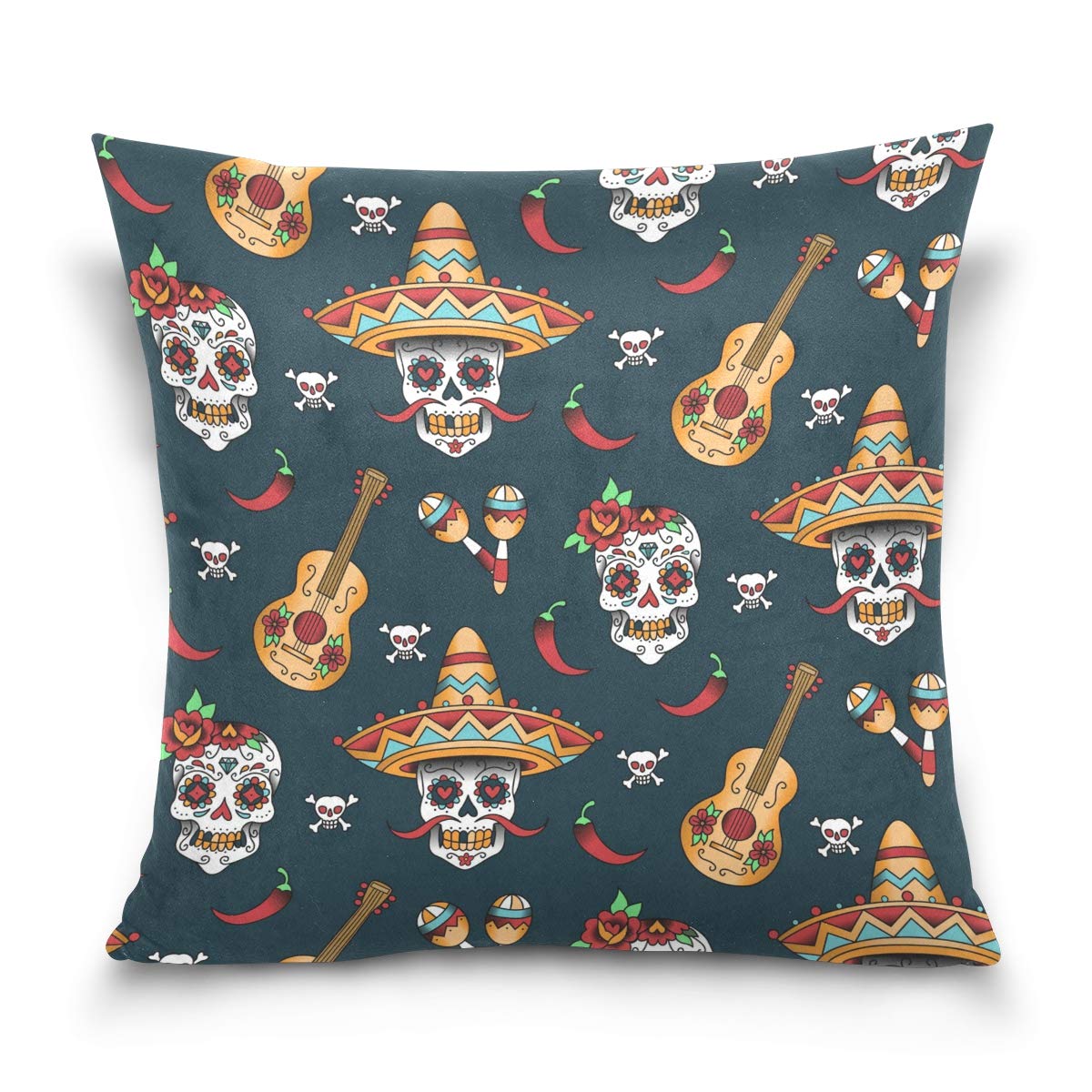 Linomo Multi Throw Pillow Cover 18X18 Inch, Mexican Sugar Skull Music Guitar Decorative Pillow Cases Cushion Cover For Couch Sofa Bed Home
