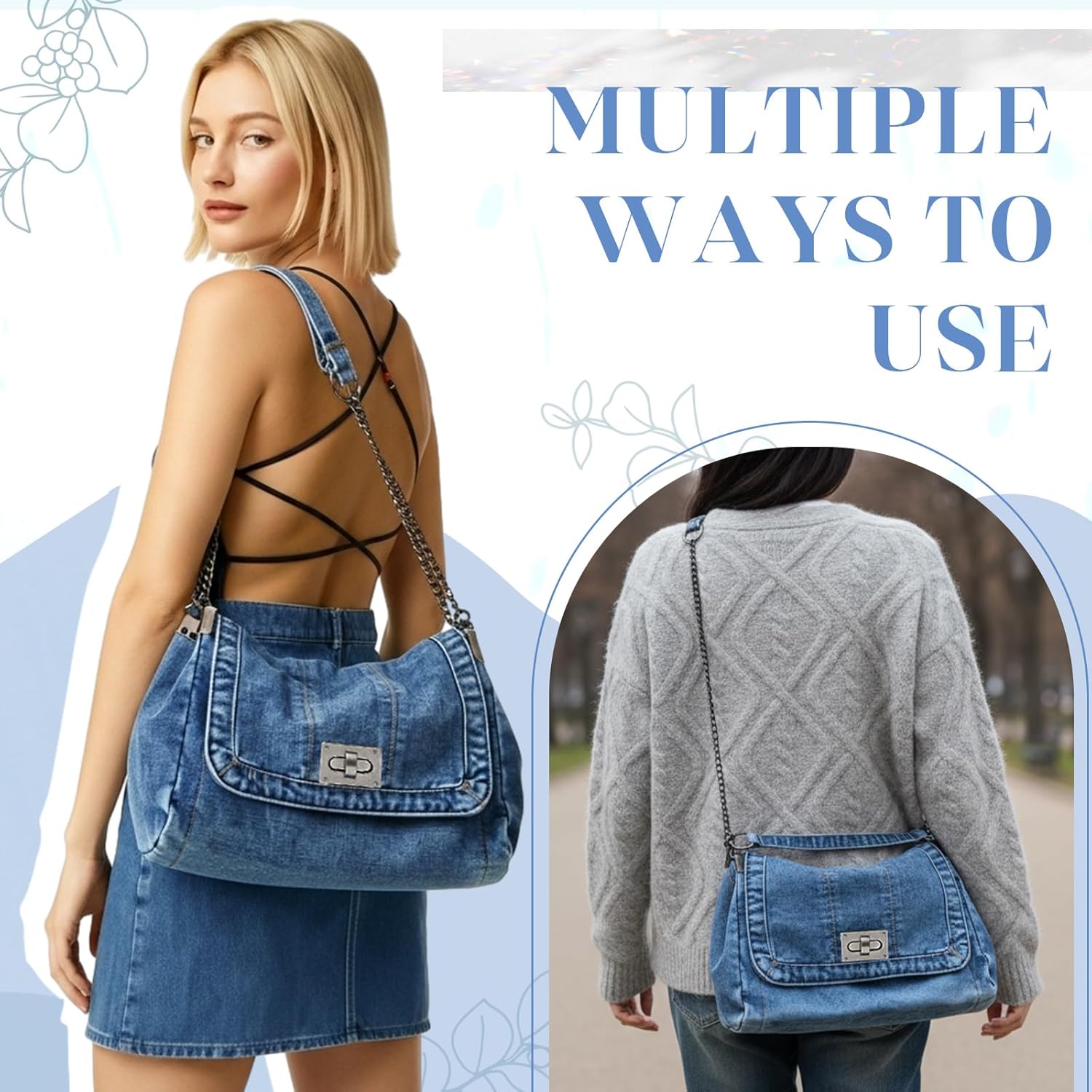 Quelay Denim Tote Bag Jean Purse 2 Pairs of Denim Earrings Adjustable Chain Jean Shoulder Bags Crossbody Bag Christmas Gift for Girlfriend Big Circle Round Earrings for Party Daily Birthday Gift