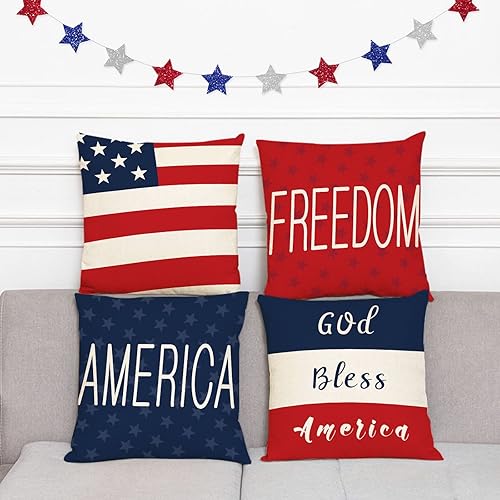 Miniatura 9 de Juego de 4 fundas de almohada patrióticas de 20 x 20 pulgadas, fundas de almohada del 4 de julio, Día de los Caídos, Día de la Independencia, fundas