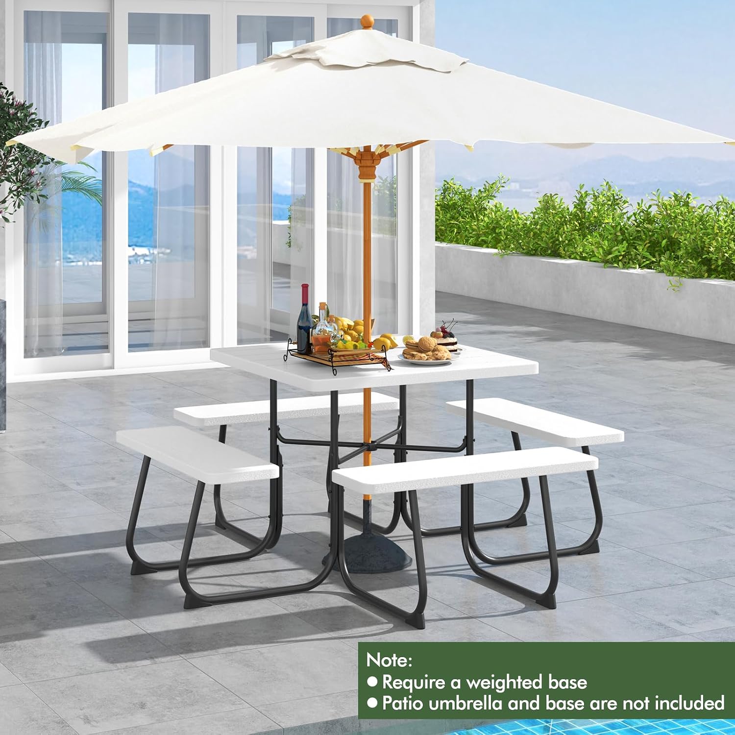 HAPPYGRILL 4-8 Person Square Picnic Table Bench Set with Umbrella Hole, Outdoor Camping Table with HDPE Material and Sturdy Metal Frame for Patio, Garden and Backyard, White