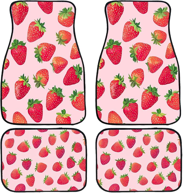 Jogo de Tapetes Automotivos Strawberry em Poliéster com Base de Borracha, Dianteiros e Traseiros, CHHSSB, 4 Peças