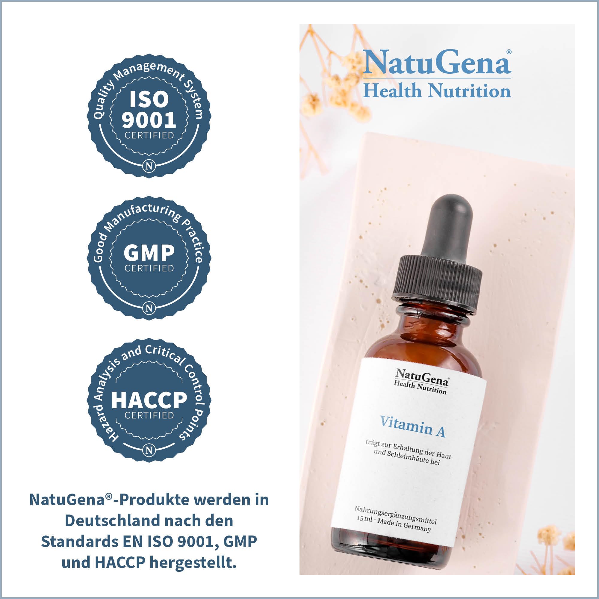 NatuGena Vitamin A, Augenvitamin fördert den Erhalt der Sehkraft sowie der Haut und Schleimhäute, 450 Tropfen, 15ml, für 150 Tage
