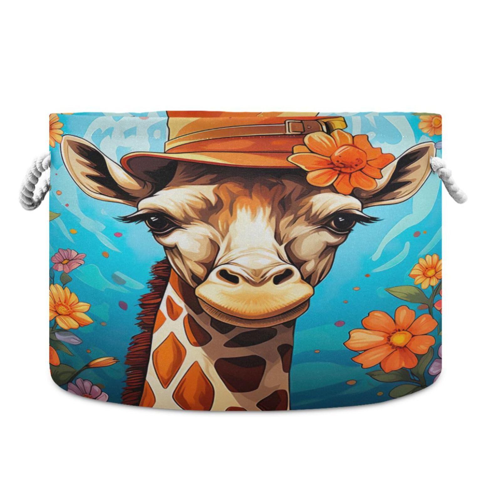 Round Cute Giraffe Flower Storage Basket Large Organizer Bin Laundry Hamper Toy Storage Basket with Handle for Nursery Clothes Toys 202b4192