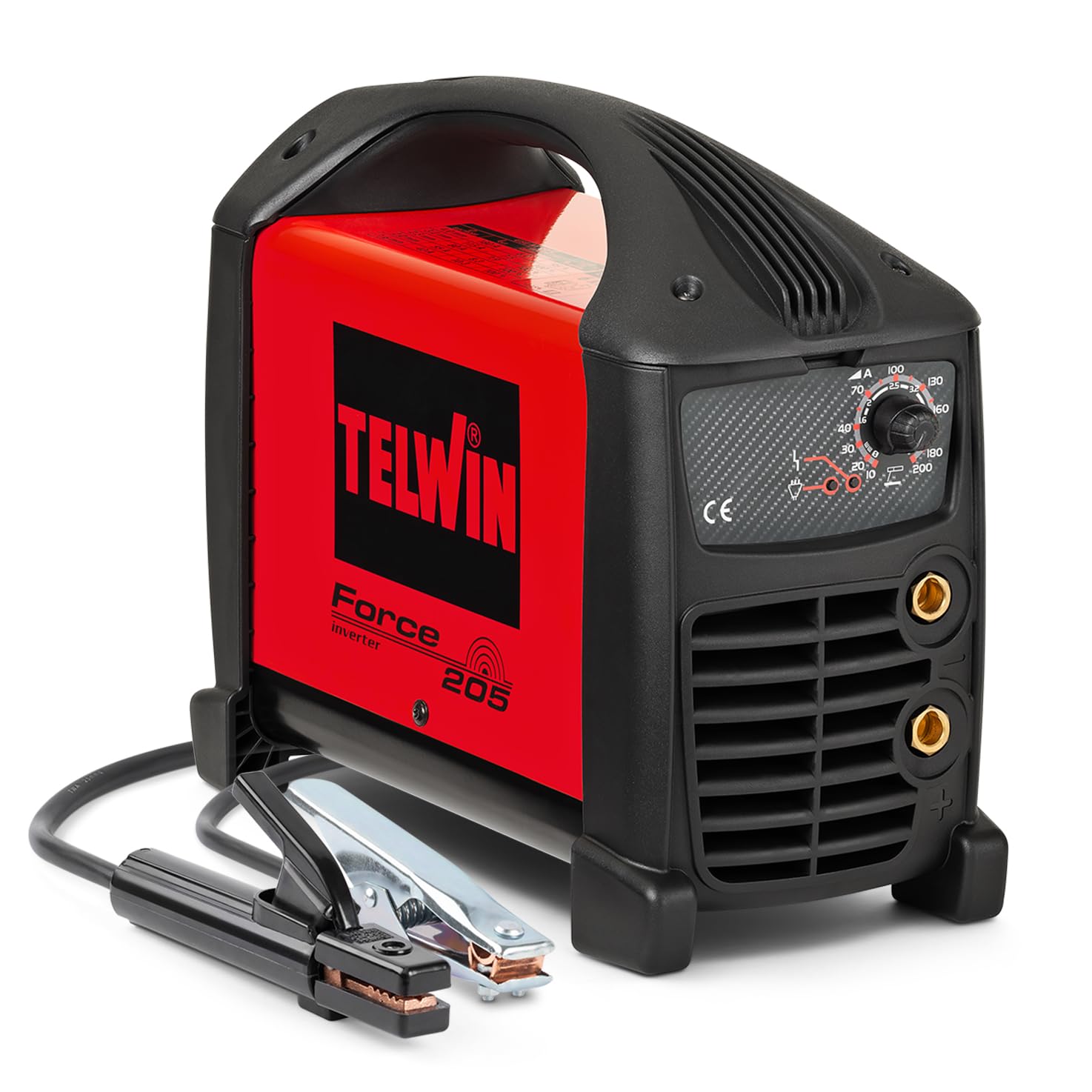 Telwin Force 205 Saldatrice Inverter ad Elettrodo con Maschera Automatica a Caschetto e Accessori di Saldatura MMA, 200A, Macchina per Saldare Leggera Compatta e Trasportabile, 230V, Made in Italy