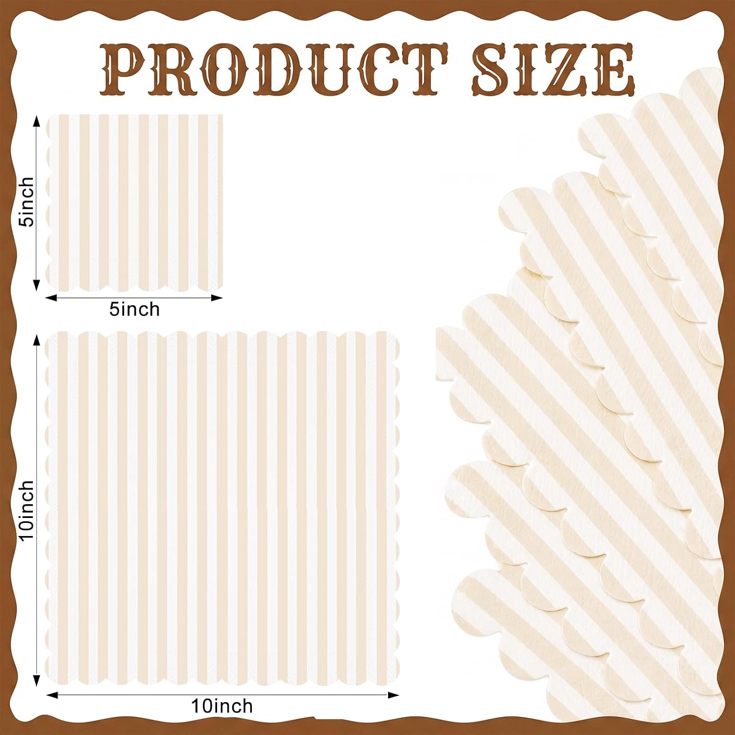 100 Packs Ivory Beige Striped Napkins 5 x 5 Inches Tan Scalloped Edge Disposable Cocktail Dinner Napkins for Wedding Baby Shower Bridal Shower Birthday Party