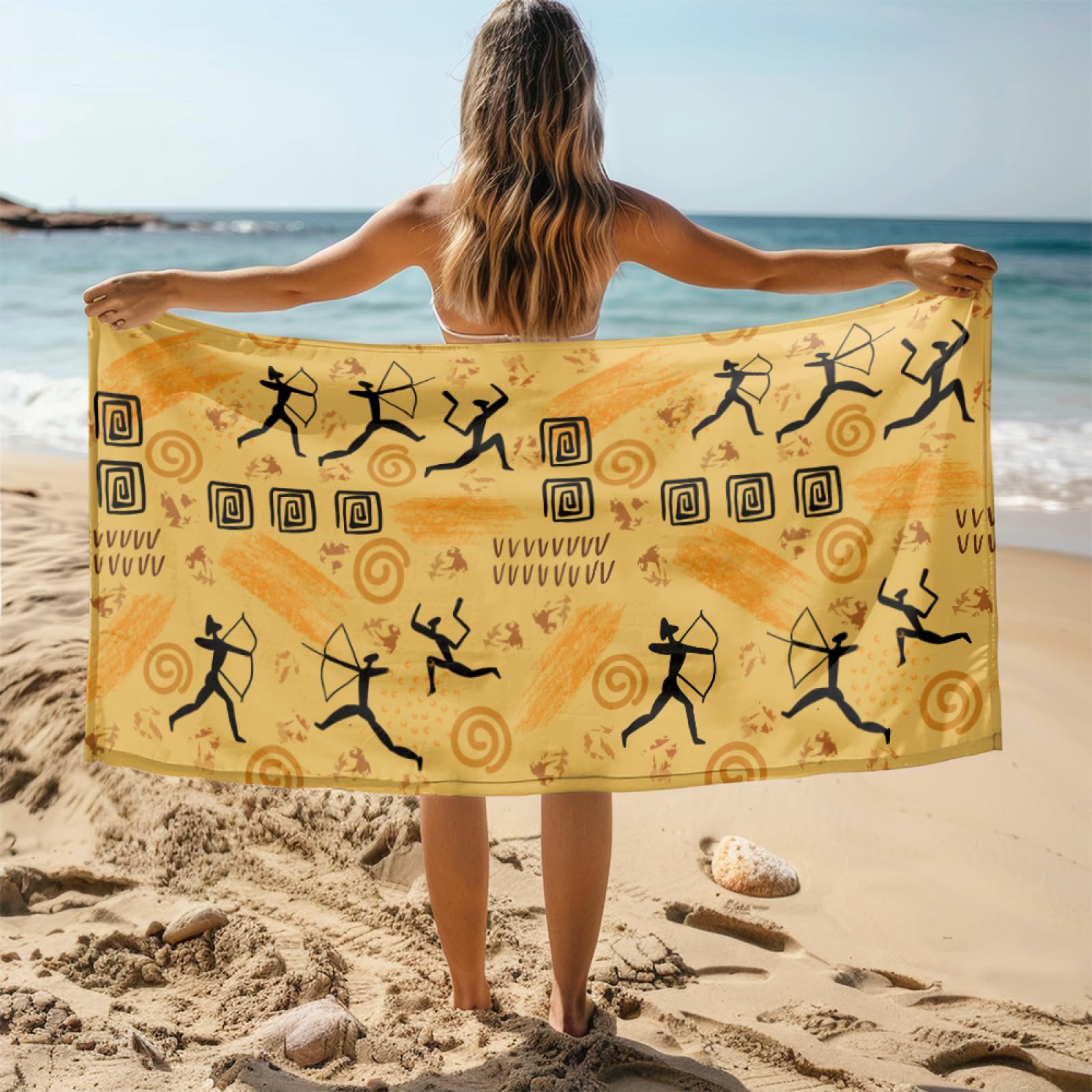 Telo Mare Microfibra 210x230 Giallo Nero Retro Telo Spiaggia Grande Antisabbia,XXL Asciugamano Mare, Asciugatura Rapida, Stuoia Spiaggia Leggero E Portatile
