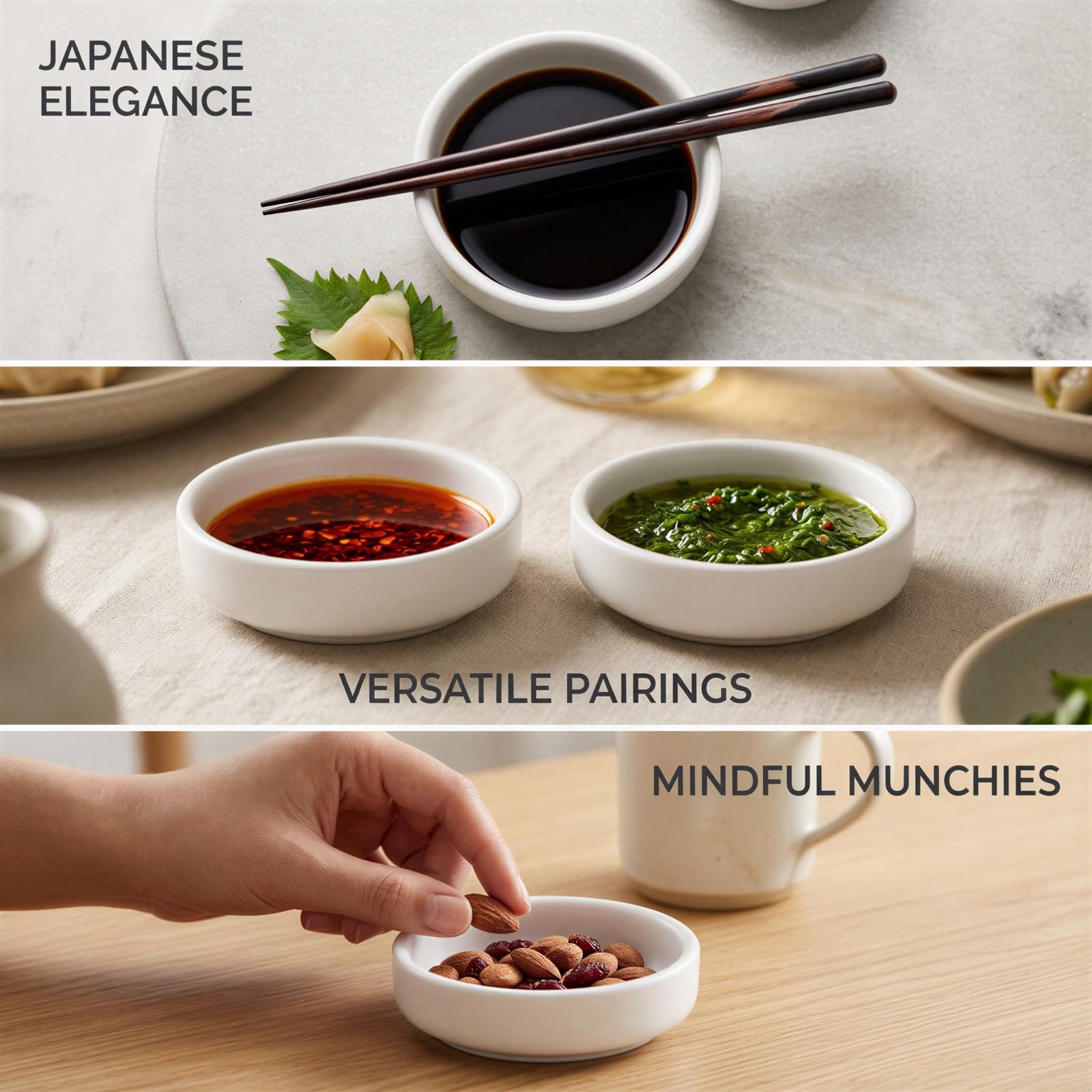 6 Stk. Keramik-Dippschalen mit 9 cm Durchmesser, 2,5 cm Höhe, weiße Sojasaucenschalen, kleine Servier- und Dipschalen für Soßen, Gewürze und Beilagen im minimalistischen japanischen Stil