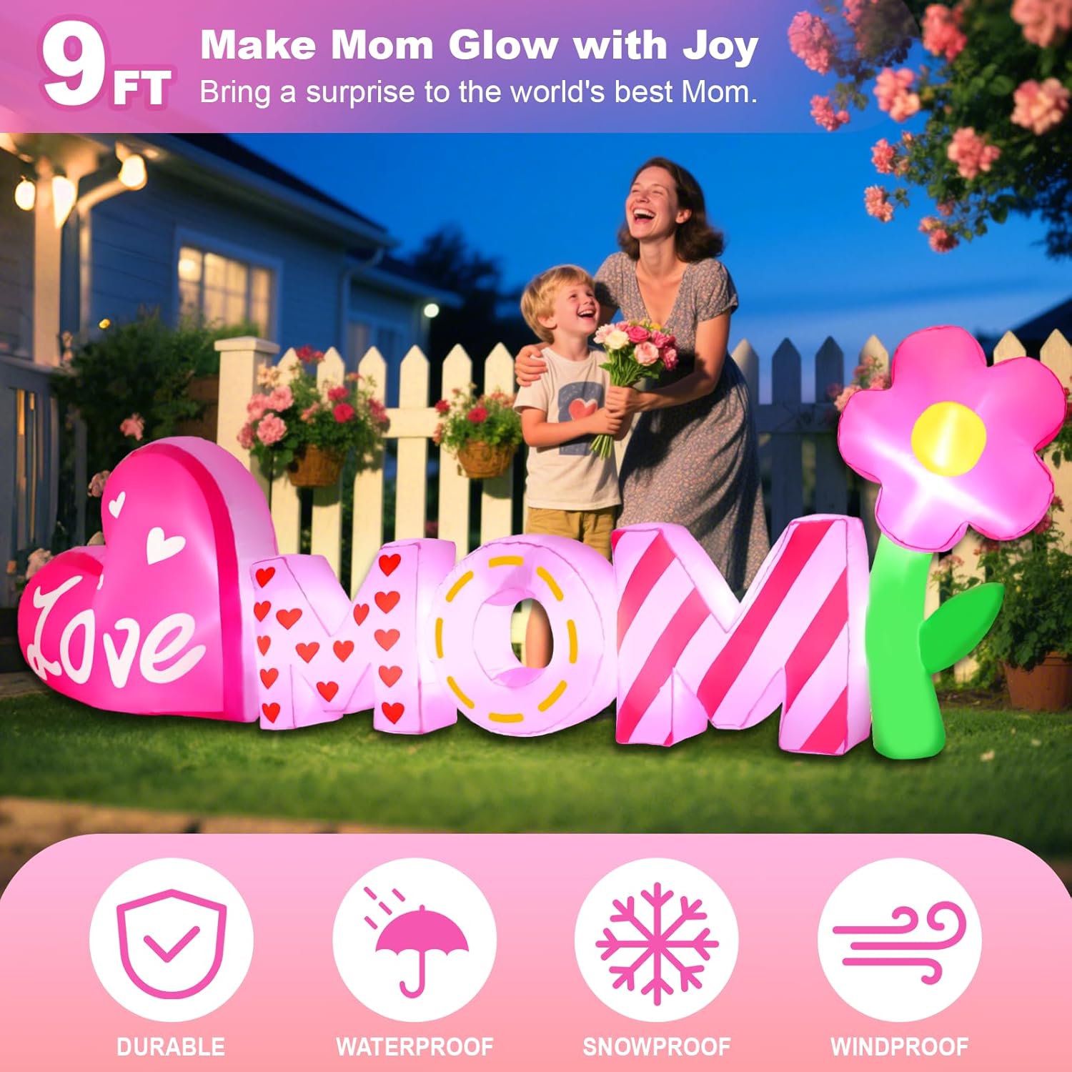 9FT Mothers Day Inflatables Outdoor Decorations, Love Mom Mothers Day Blow Up Yard Decoration with Flower & Heart, Built in LED Lights for Party Holiday Garden Lawn Home Decor