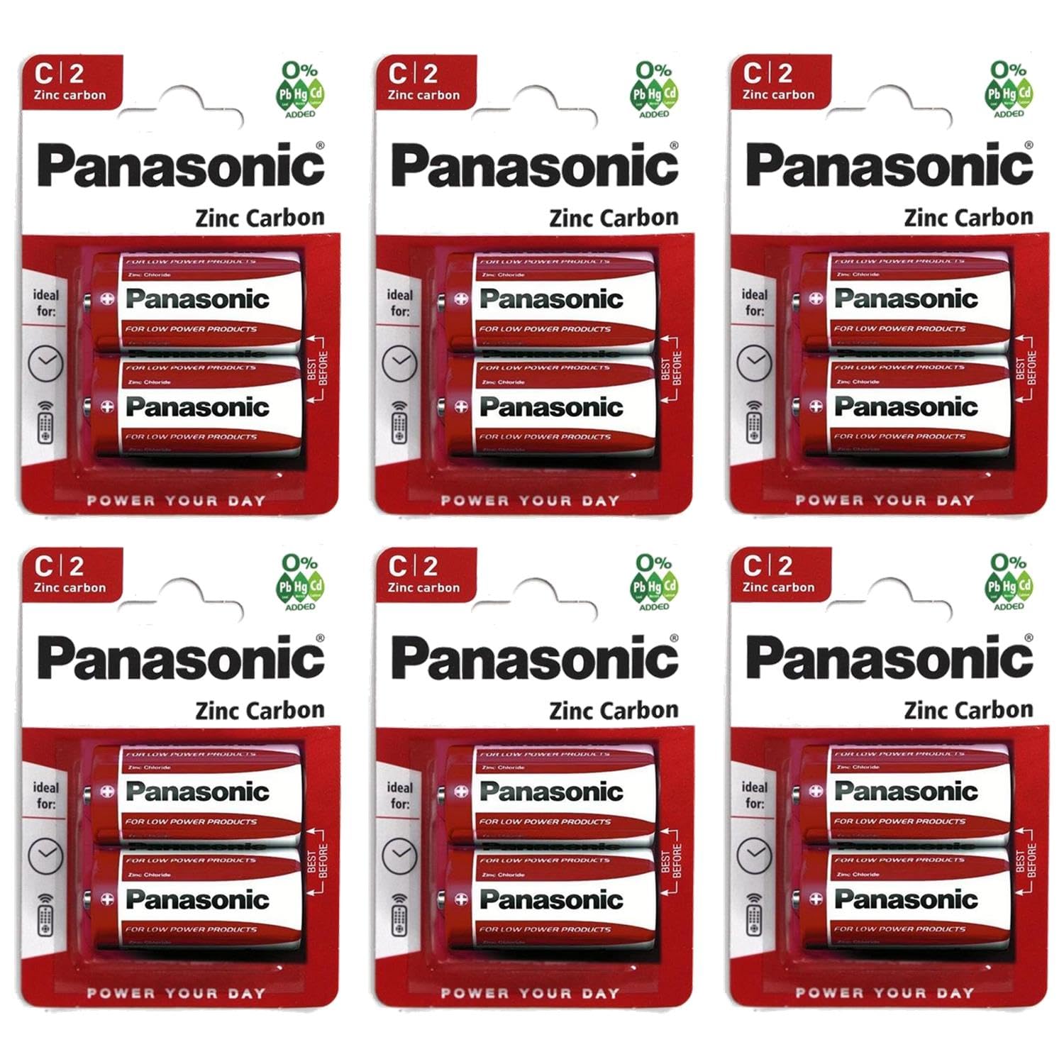 PANASONIC Pack of 6 Blister Packs of 2 Red Zinc-Carbon C Batteries R14-1.5 V
