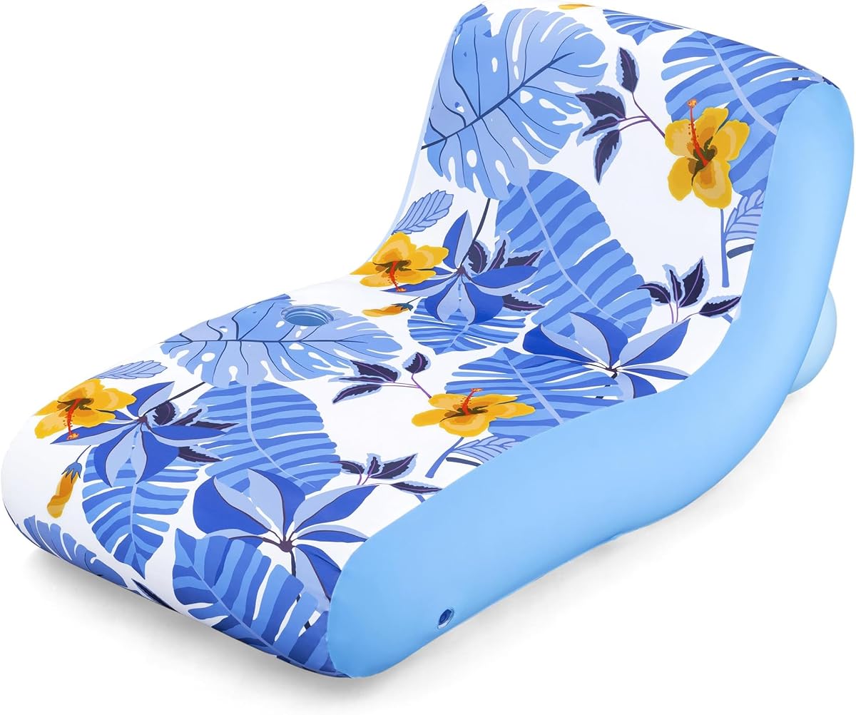 H2O GO Blissful Drifter Lounge de tela - 69" x 42", patrón tropical azul-amarillo, flotador inflable de agua para piscina, cubierta UPF extraíble y lavable, portavasos