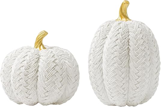 2pcs White Gold Pumpkins Fall Decor, Small Resin White Braided Pumpkin for Fall Autumn Table Decorations