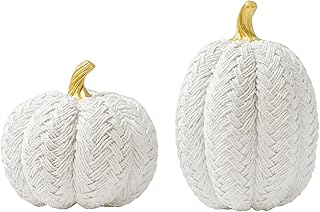 2pcs White Gold Pumpkins Fall Decor, Small Resin White Braided Pumpkin for Fall Autumn Table Decorations