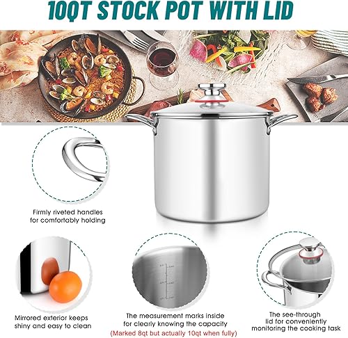 Miniatura 3 de TeamFar Olla de 10 cuartos de galón, olla grande de acero inoxidable de tres capas para sopa de pasta con tapa de vidrio, para gas de inducción,