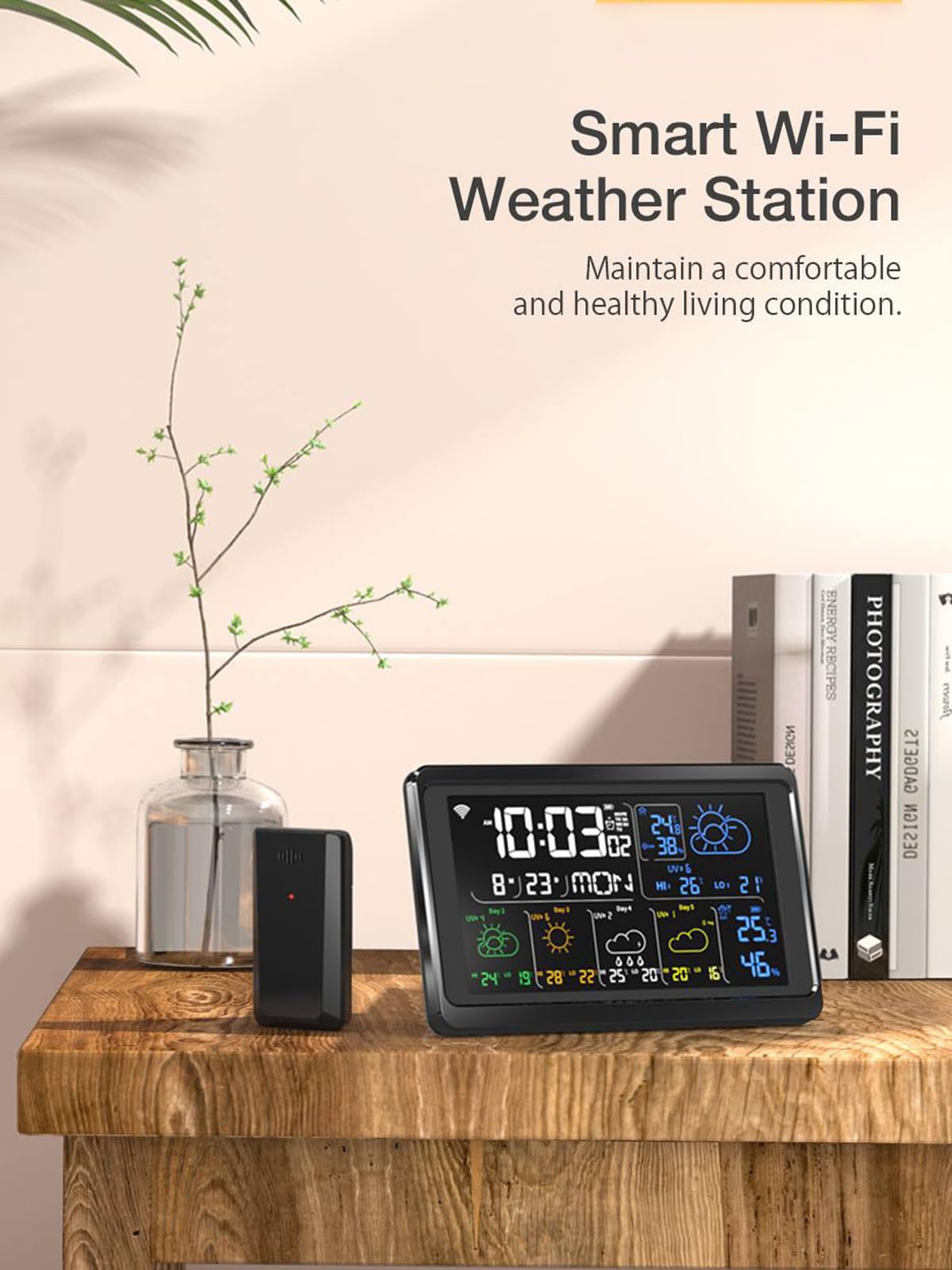 Tuya WiFi Smart Weather Station z pilotem SmartLife APP i czujnikami, miernikiem temperatury i wilgotności wewnątrz i na zewnątrz, budzikiem z funkcją drzemki/prognozą pogody, czar
