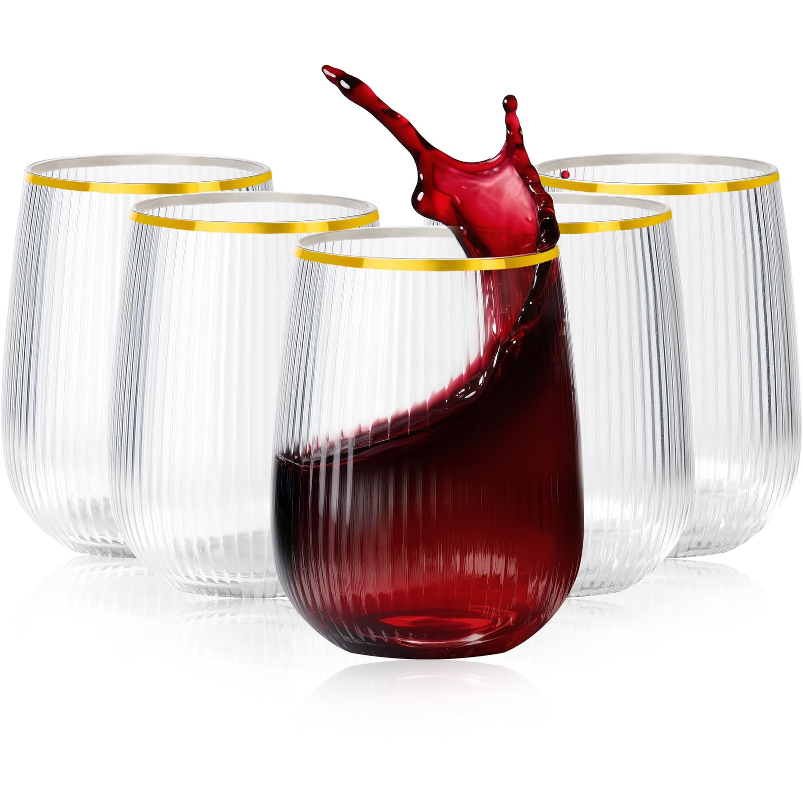 Lueumxc 36 Pack Plastic Wine Glasses, 15Oz Gold Rim Origami Disposable Wine Glasses Unbreakable Clear Plastic Cocktail Glasses Recyclable Shatterproof Reusable Wine Cups