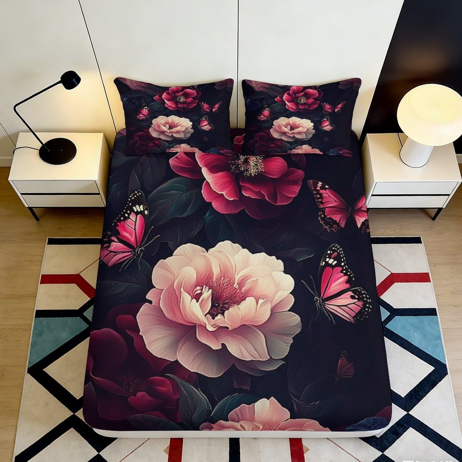 Pnayamiorkfel Style-3 3D Printed Peony Butterfly Fitted Sheet Microfiber Soft Mattress Cover For Bedroom Dorm Decor Protection 90X200x25cm