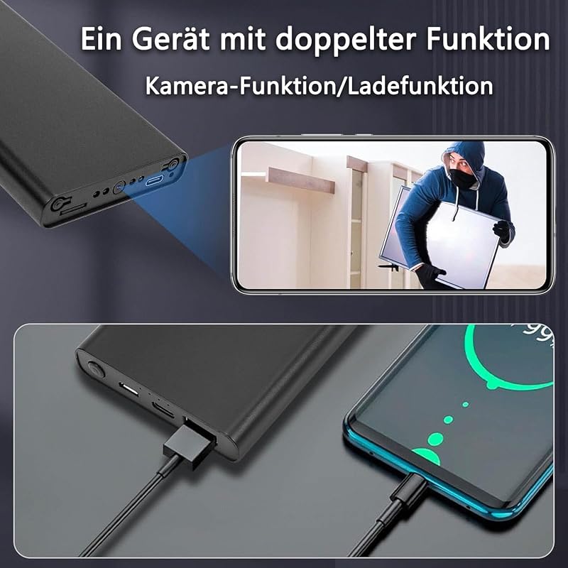 ZAIZAITY Hordozható Kamera Powerbank 10000mAh - Full HD 1080P Felvétel - Mozgásérzékelés - Éjjellátó - WiFi Nélküli - 512GB Kompatibilis - B