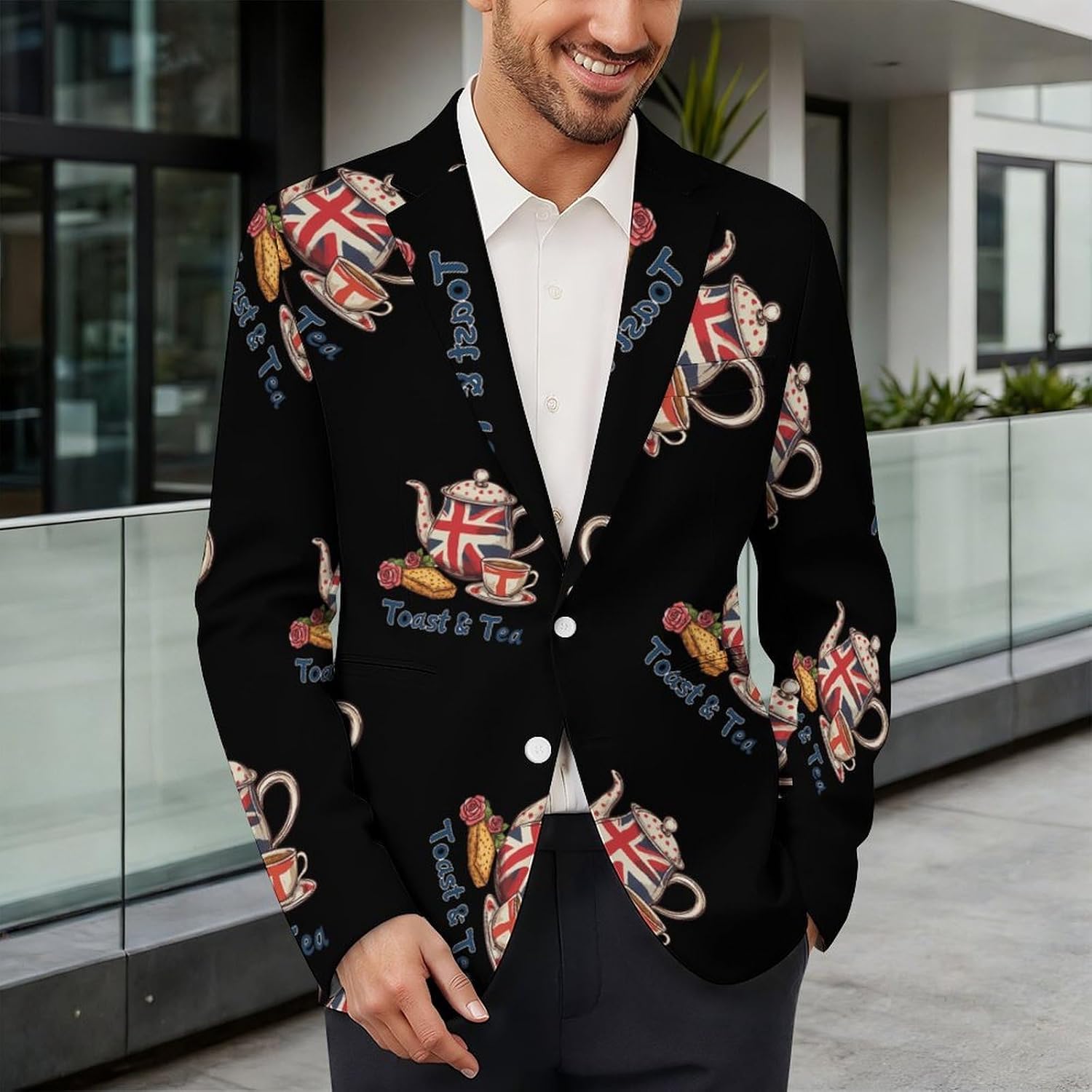 UK Flag Toast Tea Mens Casual Blazer Two Button Lightweight Sport Coat Suit Jacket