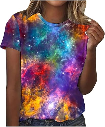 Camisetas de verano 2024 para mujer, de manga corta, divertidas, de teñido anudado, estampado de estrellas, cielo, casual, holgada, camisetas