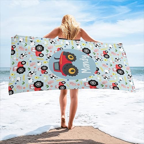 Toalla de playa personalizada con diseño de tractor de animales de granja con nombre y 2 lados impresos para viajar, nadar, acampar, senderismo, 30