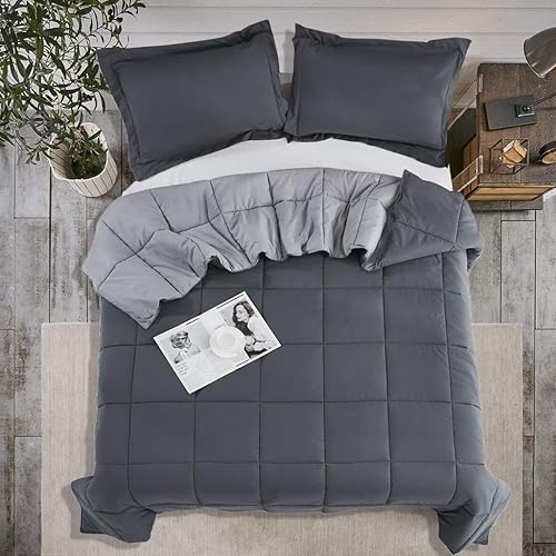 EvJk Edredón alternativo de plumón negro, tamaño individual, relleno de edredón reversible de 3 piezas para todas las estaciones, manta con costuras
