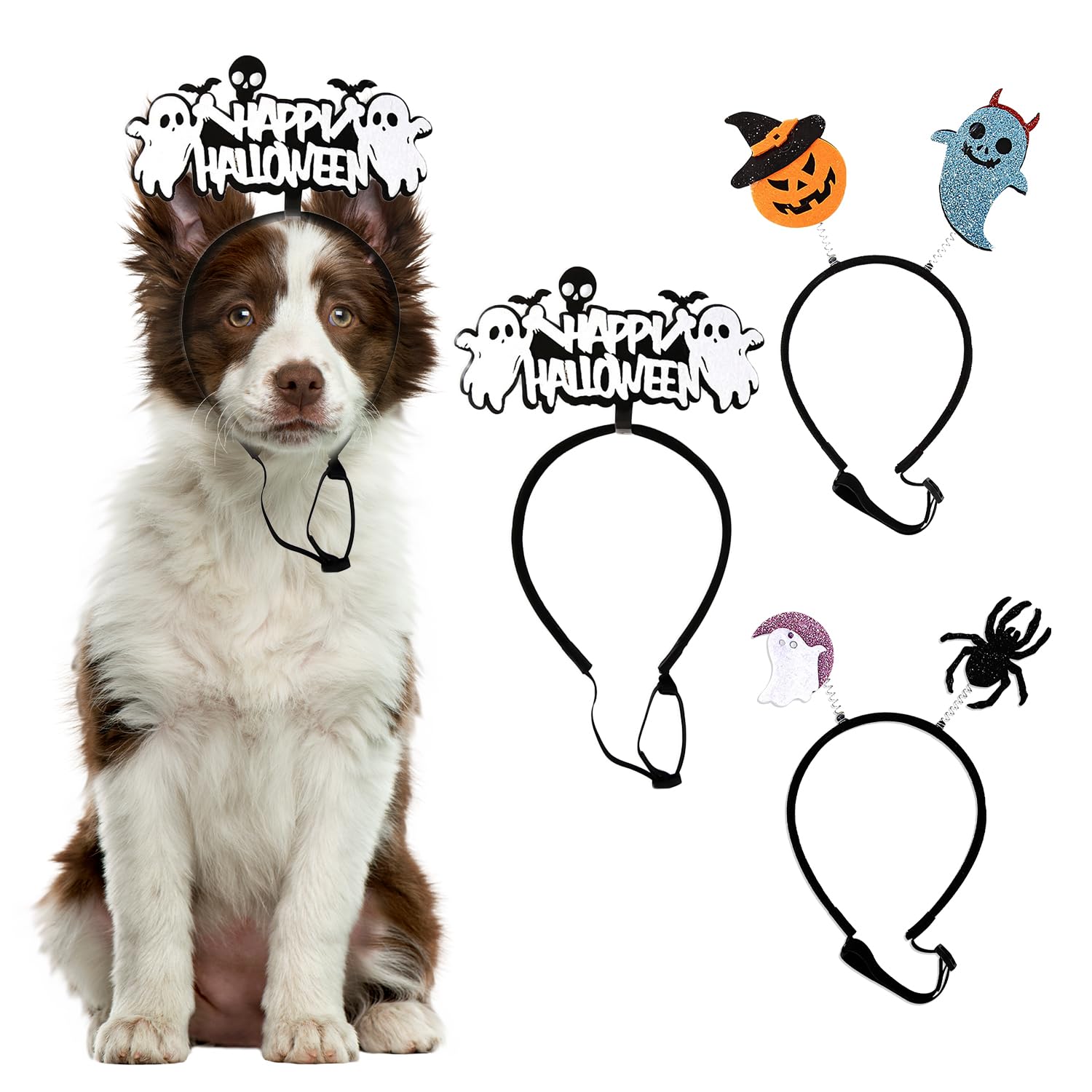 Bohue 3 Pieces Dog Halloween Headband Adjustable Head Band Ghost Spider Pumpkin Hairbands Pet Halloween Costume Accessories for Small Medium Cats Dogs