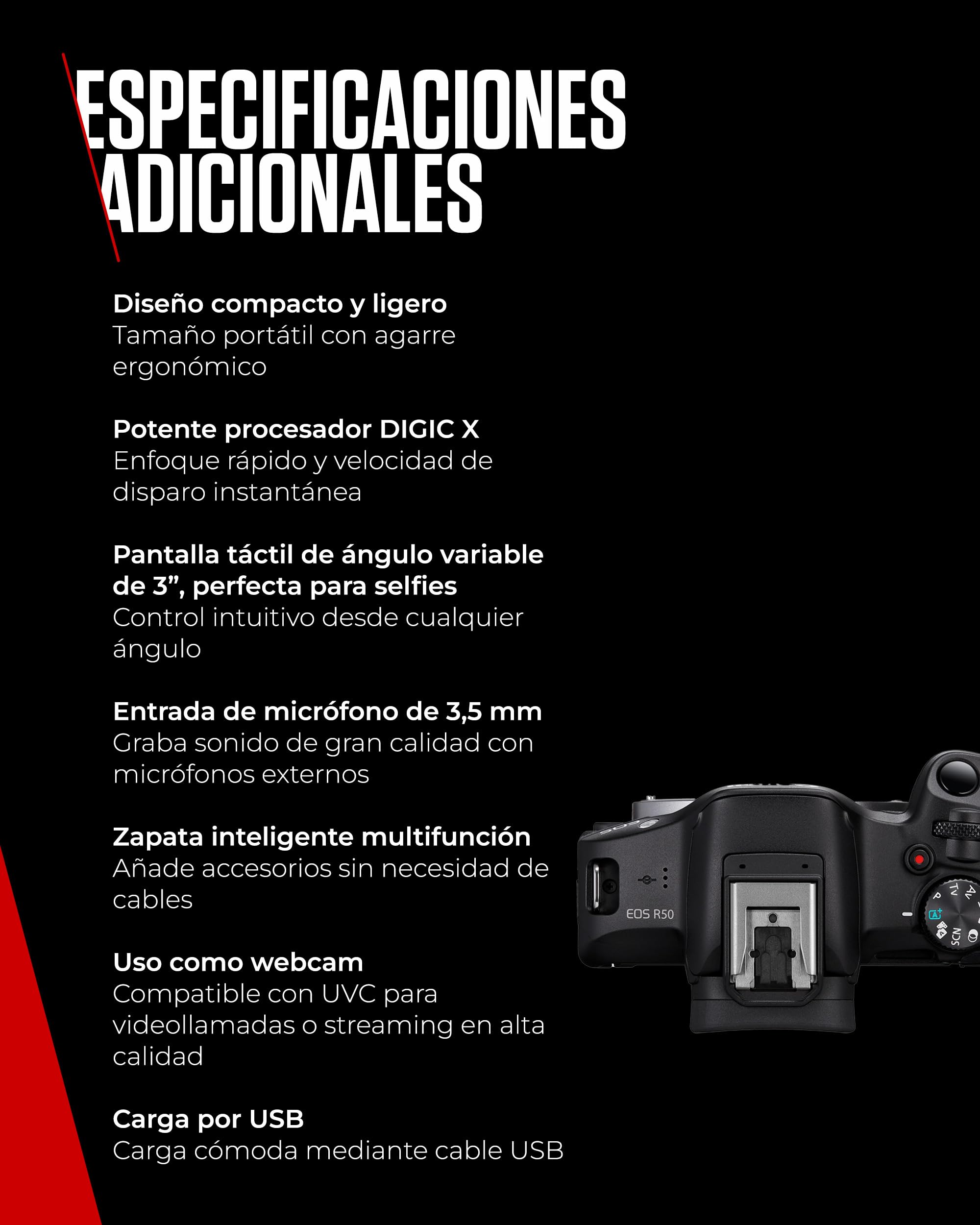 Canon EOS R50 Cuerpo Cámara Mirrorless + Objetivo RF-S 18-45 mm F4.5-6.3 IS STM + 2X Baterías (Kit de Batería Adicional), Cámara Evil APS-C (24,2 MP) -4 EV, Vídeo 4K 30 fps, Dual Pixel CMOS AF II