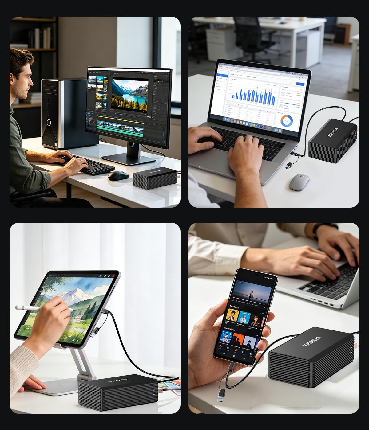 VANGREE Caja de disco duro RAID de doble bahía para disco duro SATA HDD/SSD de 2.5 pulgadas/3.5 pulgadas, carcasa de aluminio sin herramientas con ventilador de refrigeración, USB A/C 3.0, velocidad