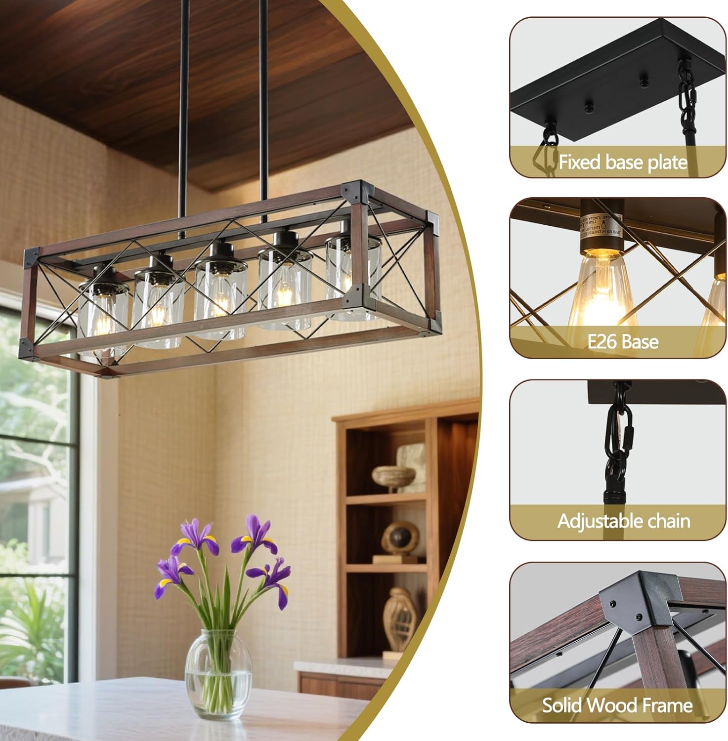 Farmhouse Linear Chandelier, 5-Light Rectangular Kitchen Island Pendant Light with Glass Shades, Adjustable Height and Solid Wood Accents for Dining Room, Bar, Pool Table(Black + Mahogany)