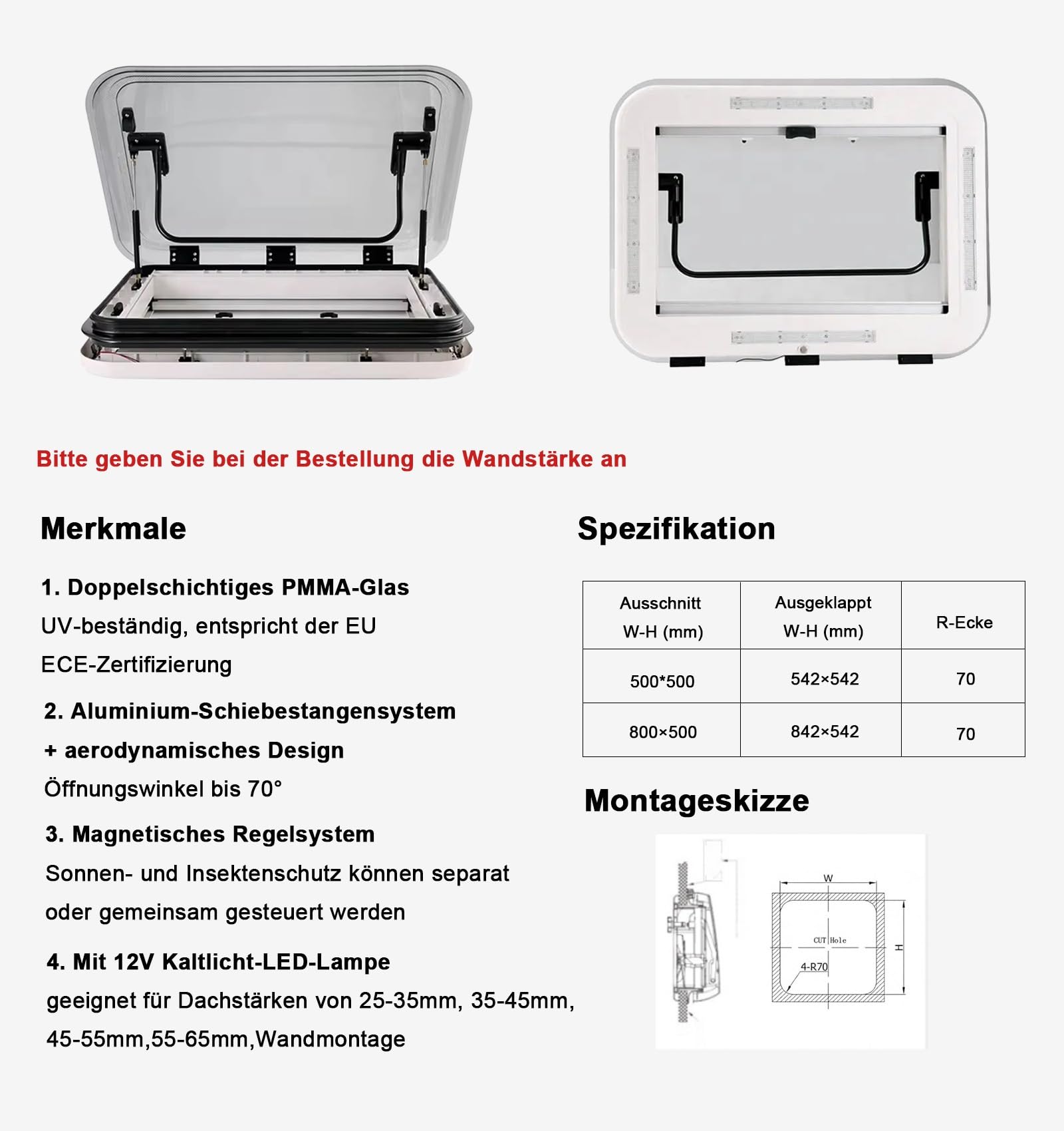 Claraboya para Autocaravana/Ventana para Techo con ventilación 40×40/70×50 cm – Cortinas oscurecedoras y mosquiteras integradas, iluminación LED 12V, para caravanas, remolques, Barcos