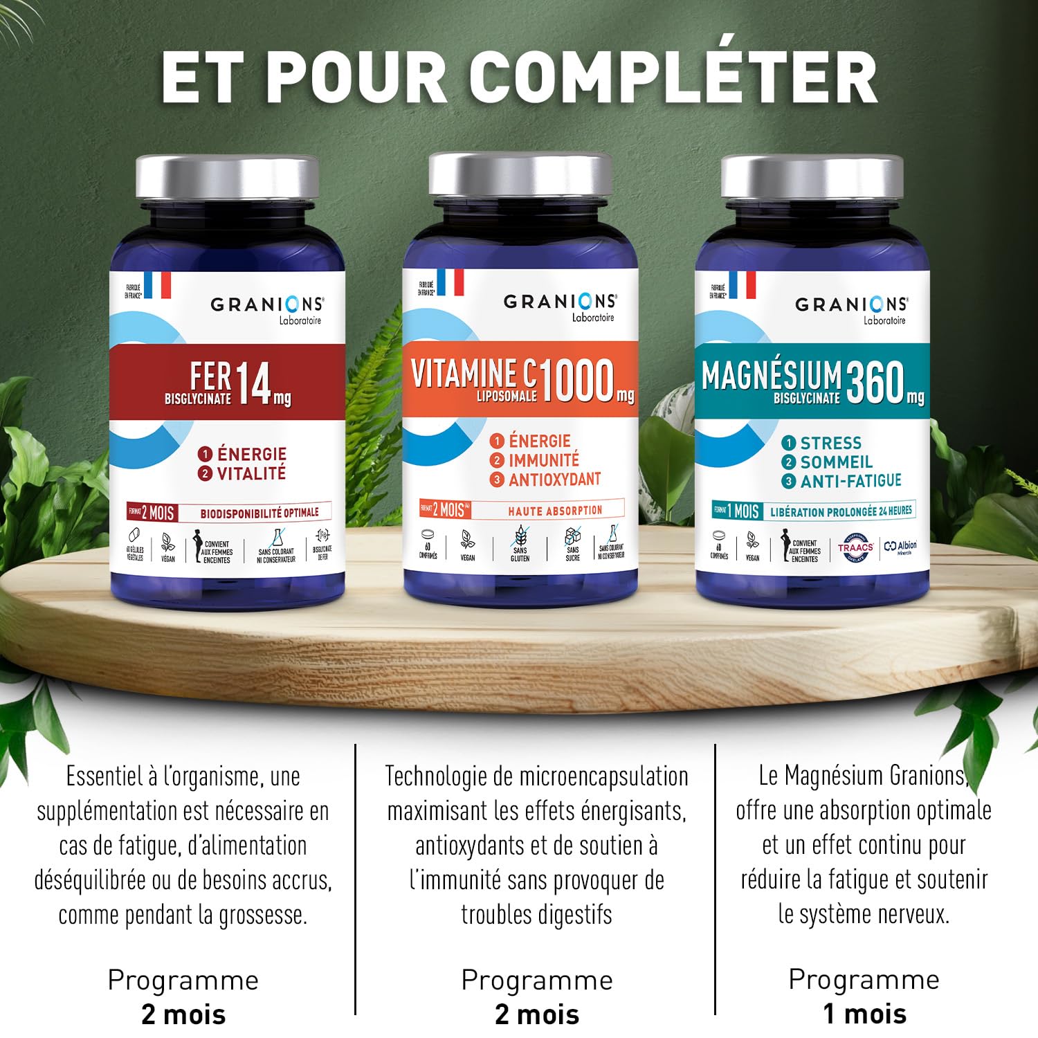 FER BISGLYCINATE 14 mg GRANIONS Immunité et Energie + Vitamines B – Bisglycinate de Fer – Fer Bisglycinate Biodisponibilité Optimale - Femmes Enceintes – 60 Gélules Format 2 Mois –Fabriqué en France