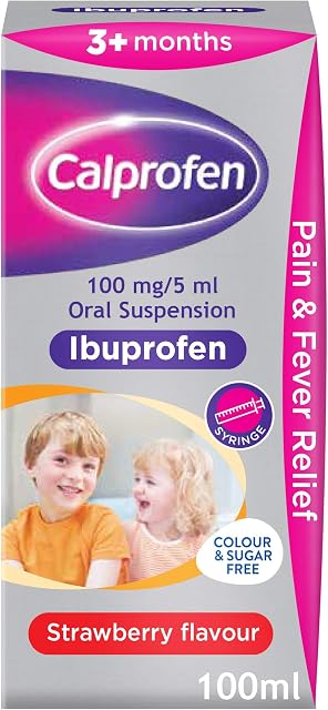 Calprofen Ibuprofen Suspension, Sugar & Colour Free, Pain & Fever Relief for 3+ Months, Strawberry Flavour, 100 ml (Pack of 1)