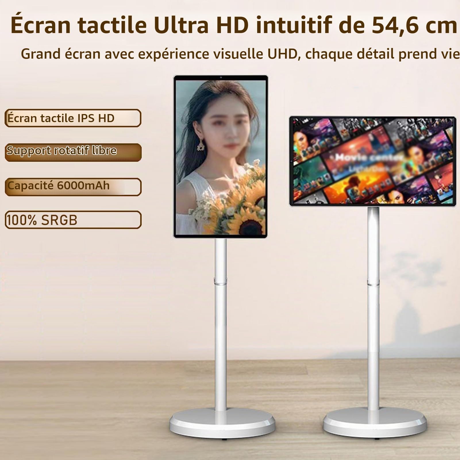 Écran Intelligent Mobile 21.5 Pouces HD sur roulettes, Moniteur Portable, Écran Tactile sans Fil, Android 14, Support Pivotant pour Streaming, Télétravail & Usage Polyvalent White-4+64G