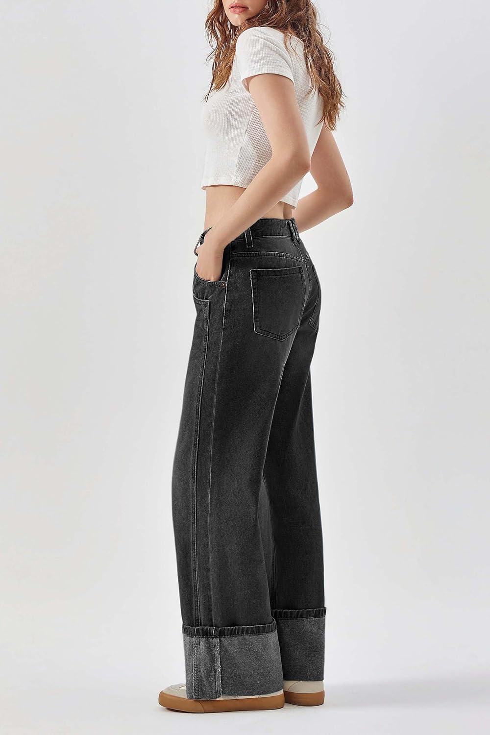 PLNOTME Womens Baggy Jeans Boyfriend Wide Leg Trendy Casual Mid Rise Cuffed Hem Denim Pants with Pockets - Image 2