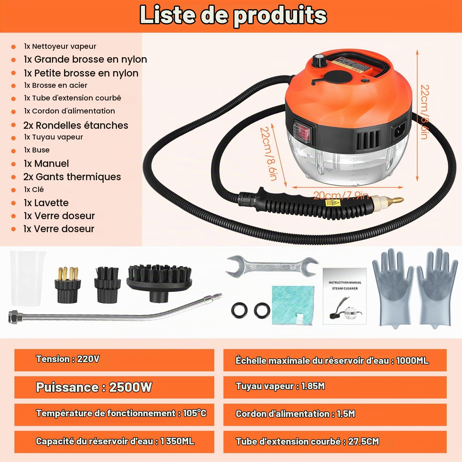 Nettoyeur Vapeur Portable 2500W Haute Pression, Nettoyeur Vapeur Portable 5ème Génération avec 6 Brosses Multifonctions et Grand Réservoir 1L, pour Cuisine, Salle de Bain, Voiture, Sols et Maison