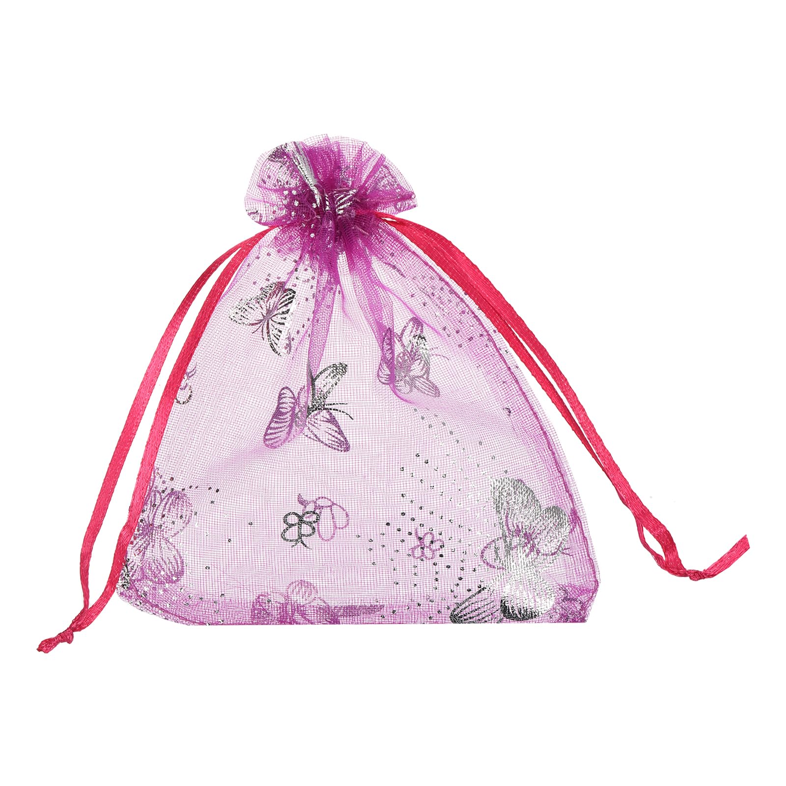 sourcing map Organza Bag 4" x 5", Sheer Butterfly Mesh Bags Drawstring Gift Bags Bulk Party Favor Bag Jewelry Pouches for Wedding Candy Valentines (Rose Red-Silver, Pack of 100)