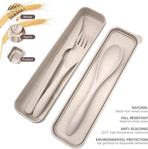 Miniatura 5 de BLUE TOP Cubiertos portátiles de paja de trigo para niños, juego de 4 utensilios de viaje reutilizables, cuchara y tenedor, ecológico, sin toxinas,