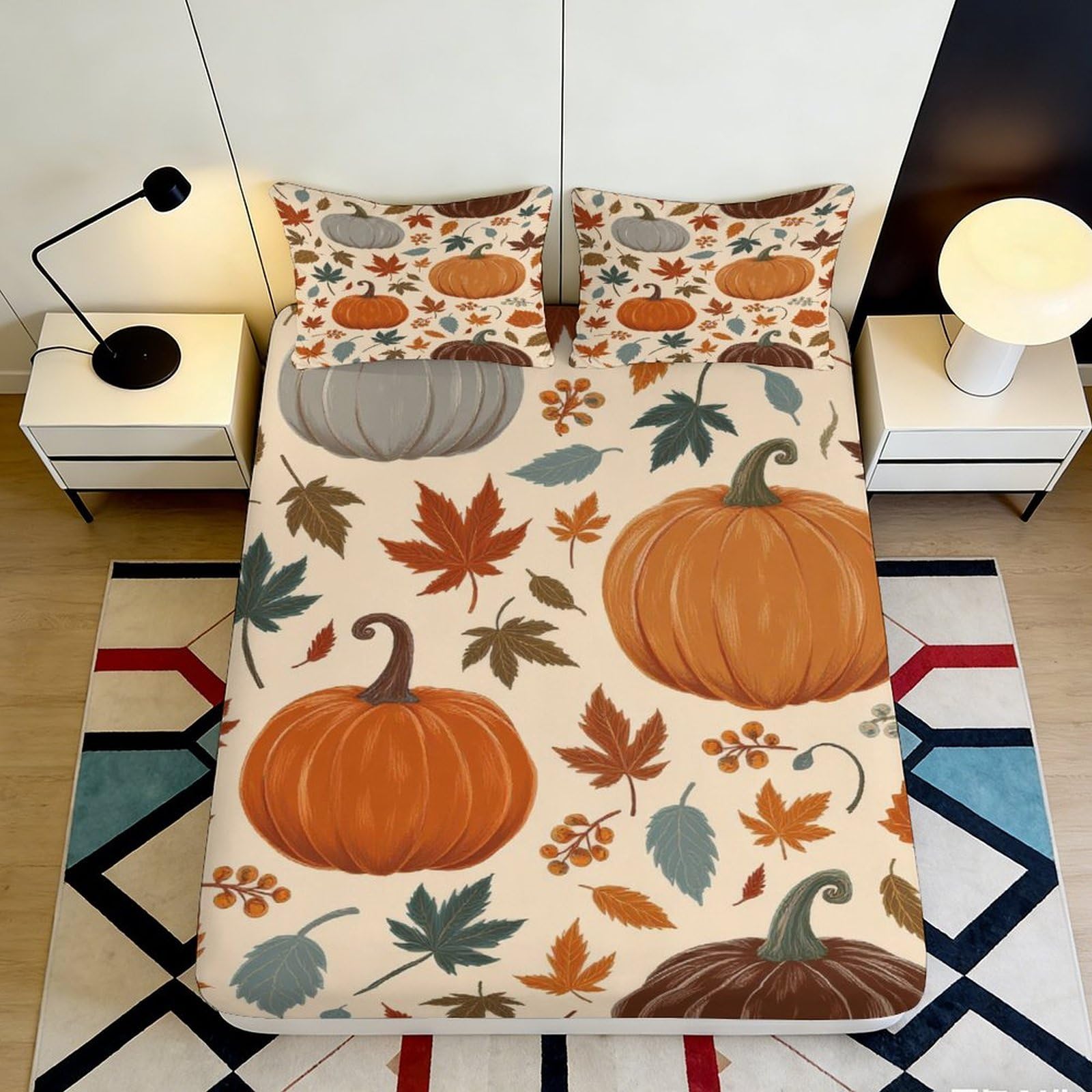 3D Printed Pumpkin Autumn Leaves Fitted Sheet Microfiber Soft Breathable Fall Bed Cover for Bedroom Dorm Decor 90x200x25cm