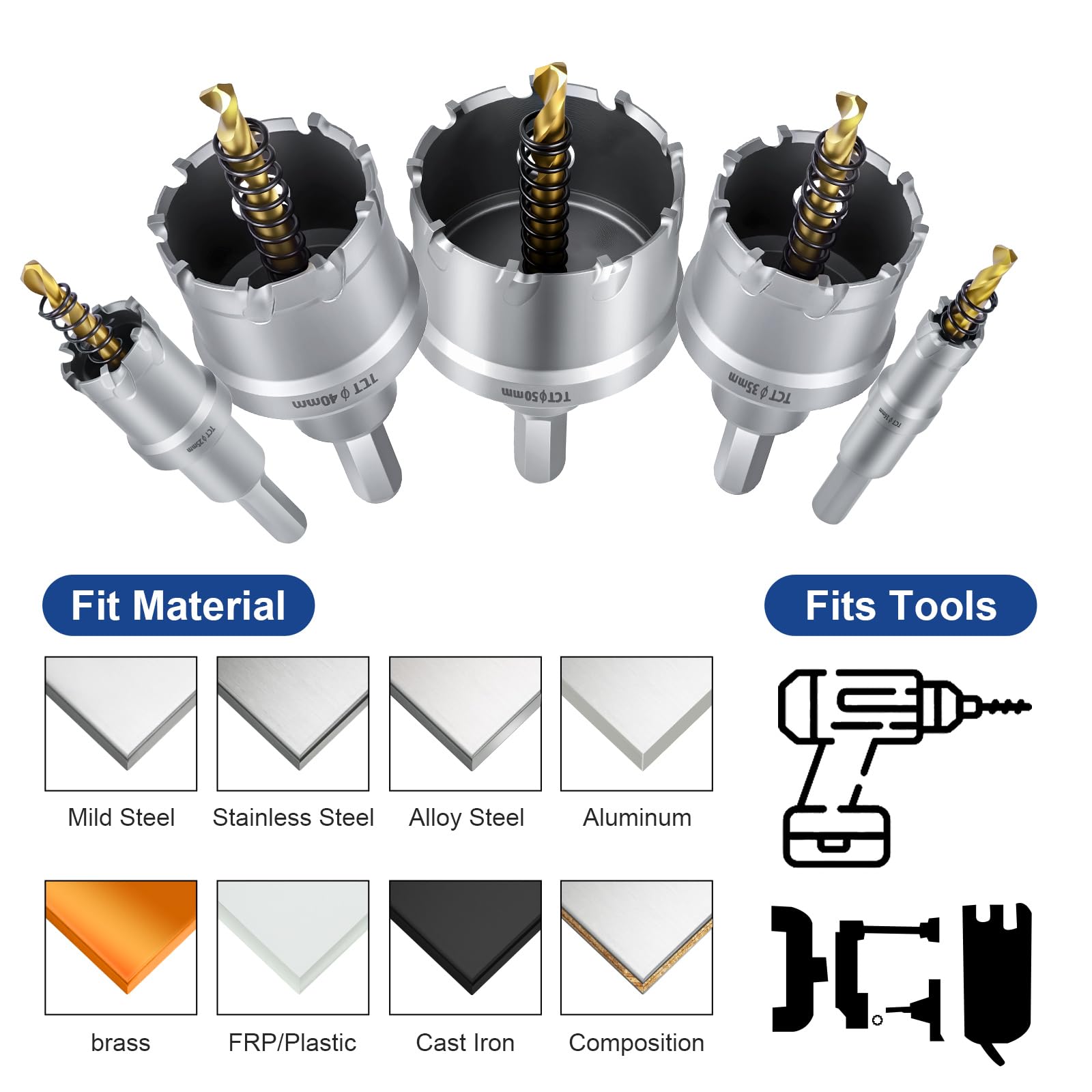 Flintronic Otwornica Ø 40 mm, wiertło z twardego metalu, otwornica TCT, otwornica bimetalowa, 2 ziarna, zestaw do metalu, stali nierdzewnej, stopu aluminium, tworzywa sztucznego i drewna