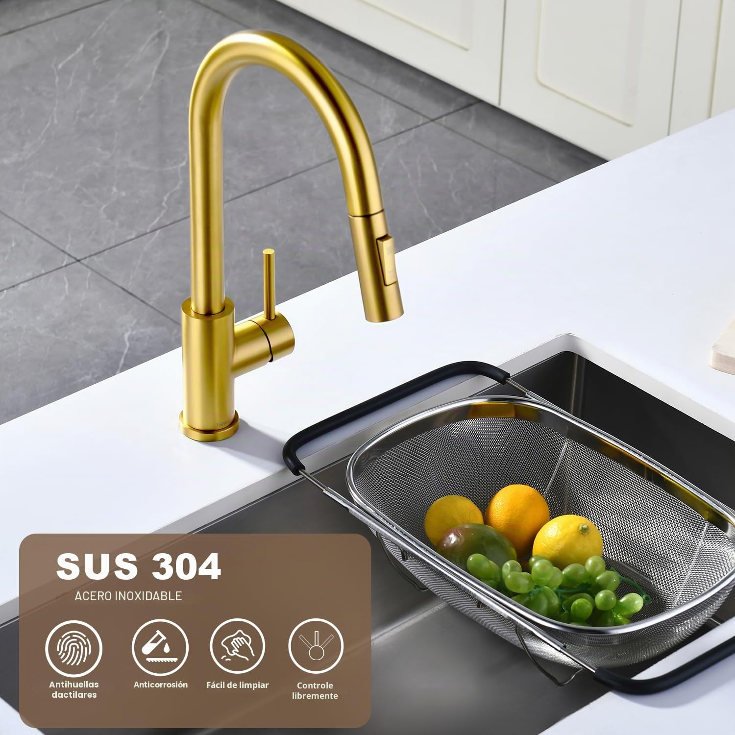 Tohlar Grifo de cocina dorado con pulverizador extraíble, moderno grifo mezclador de cocina extraíble de acero inoxidable de una sola manija, oro cepillado