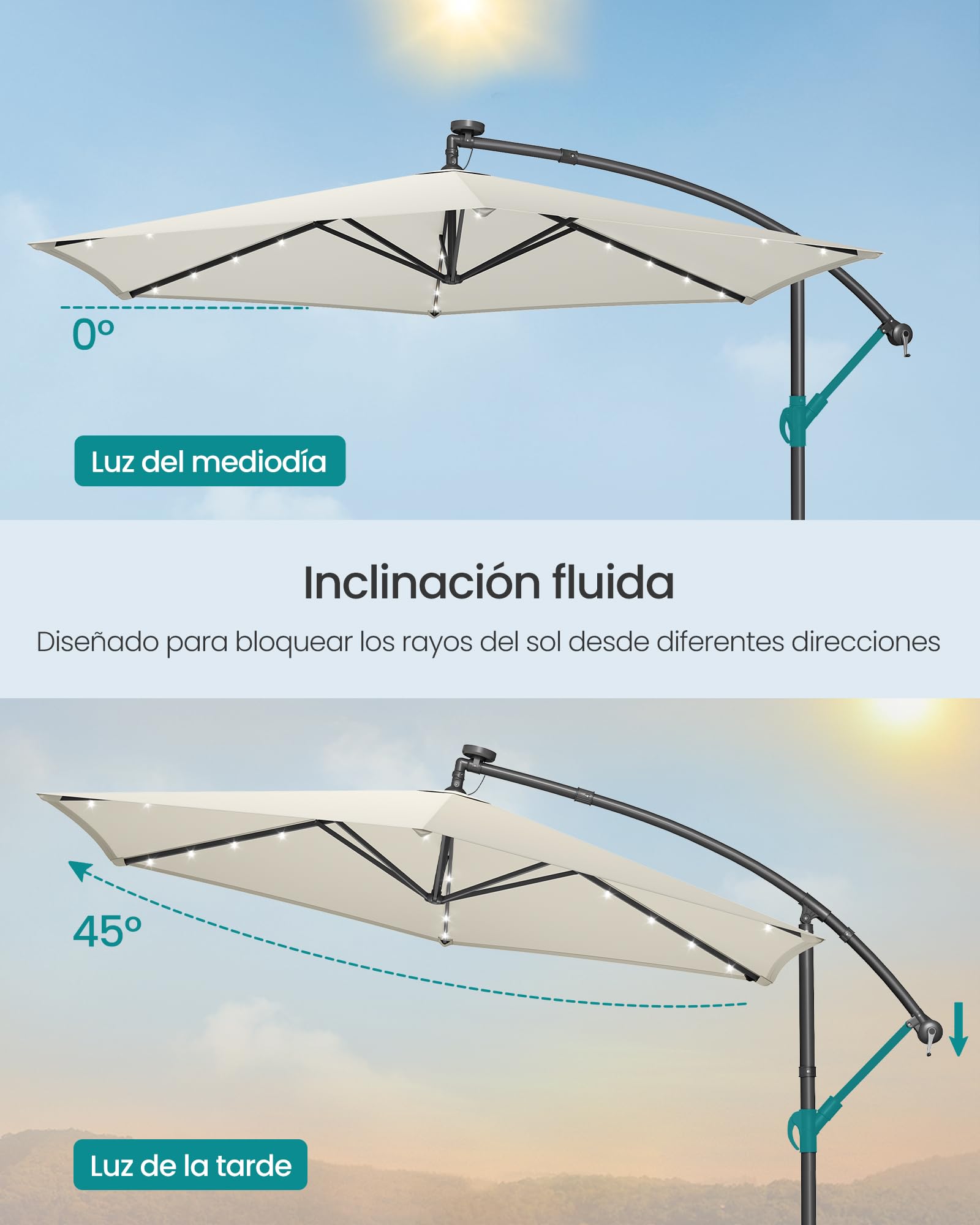SONGMICS Sombrilla para Balcón con Iluminación LED Solar, Brazo de 350 cm de Diámetro, 32 Luces, con Base, Parasol UPF 50+, con Manivela, para Terraza, Jardín, Beige GPU119LZ01